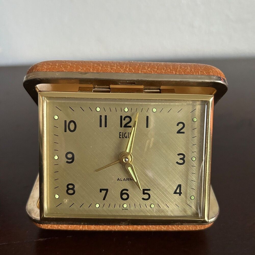 Vintage Elgin Travel Alarm Clock Folding Case Tan Brown Gold Tone Mid Century Ja